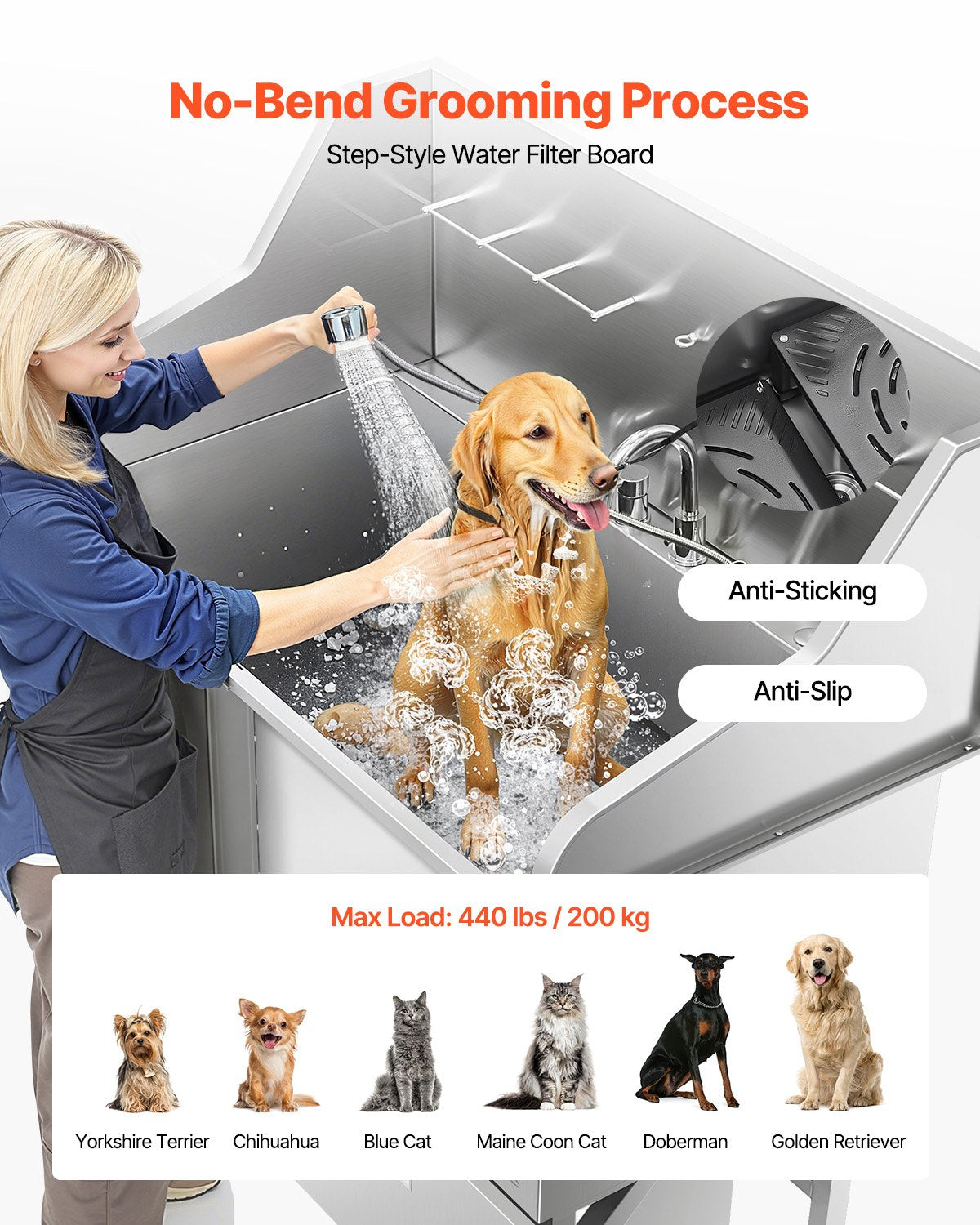 Stainless Steel Dog Washing Station, 127 Cm Pet Grooming Tub W/ Ramp, Faucet & Showerhead & Soap Holder Leash Dog Bathtub For Large & Medium & Small Pets (Left Door)