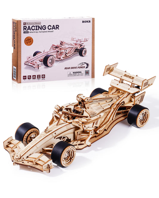 ROBOTIME 3D Wooden Racing Car Puzzle - Mechanical Model with Roaring Engine Sound