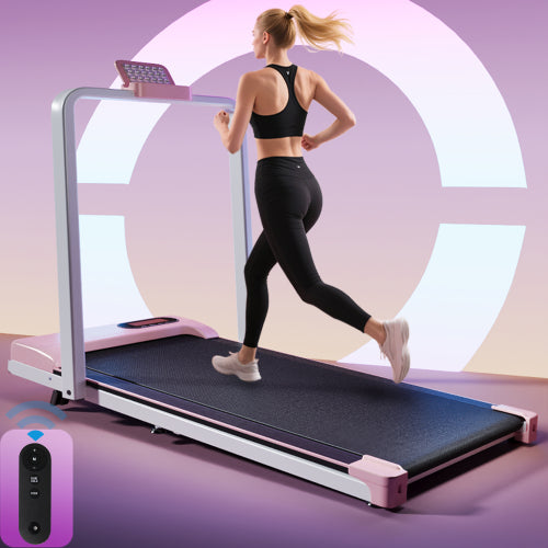 Folding Treadmill With Handrail & Adjustable Incline, 1-10 Km H Running Machine, Space Saving Low Noise Design, LED Display, Phone Holder, Remote Control, Transport Wheels  Plug, Pink.