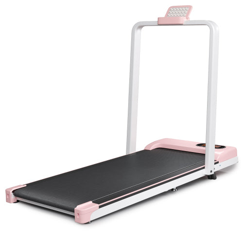Folding Treadmill With Handrail & Adjustable Incline, 1-10 Km H Running Machine, Space Saving Low Noise Design, LED Display, Phone Holder, Remote Control, Transport Wheels  Plug, Pink.