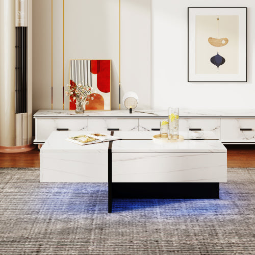 High Gloss Coffee Table, White Marble-Effect Structure With Matching Black Risers, Living Room Furniture,With App-Controlled LED Lighting System