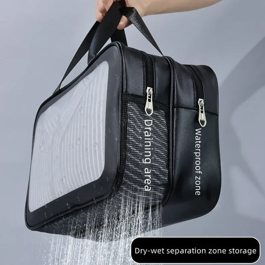 Dry Wet Separation Makeup Bag - Double Layer Transparent PU Portable Cosmetic Organizer for Travel & Daily Glow
