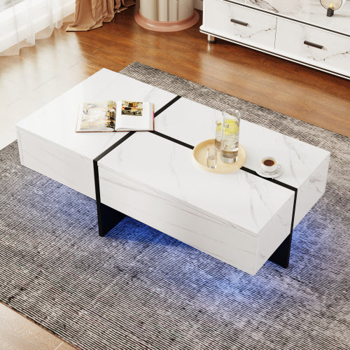 High Gloss Coffee Table, White Marble-Effect Structure With Matching Black Risers, Living Room Furniture,With App-Controlled LED Lighting System